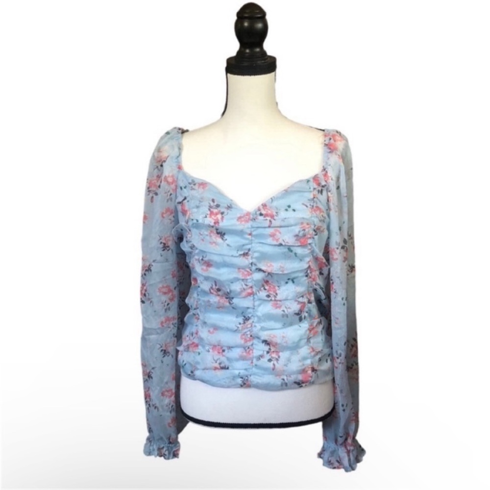 Wild Jasmine Blue Floral Ruched Smocked Sweetheart Top Long Sleeve Fairycore 3XL